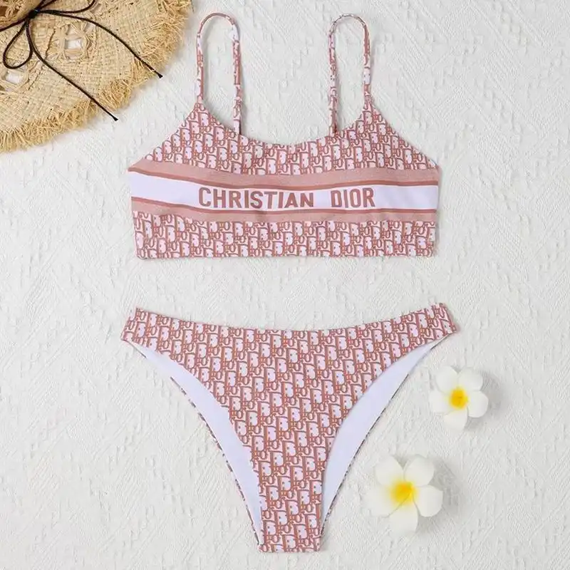 Hot Christian Dior Spaghetti Bikini Women Oblique Motif Lycra Pink