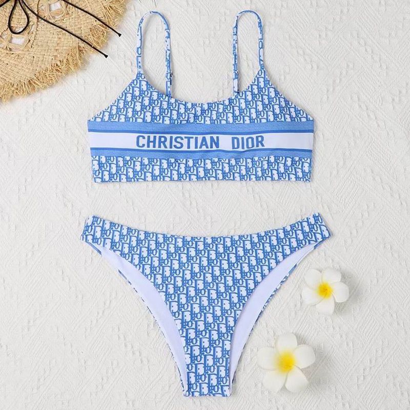 Christian Dior Spaghetti Bikini Women Oblique Motif Lycra Sky Blue Hot Sale