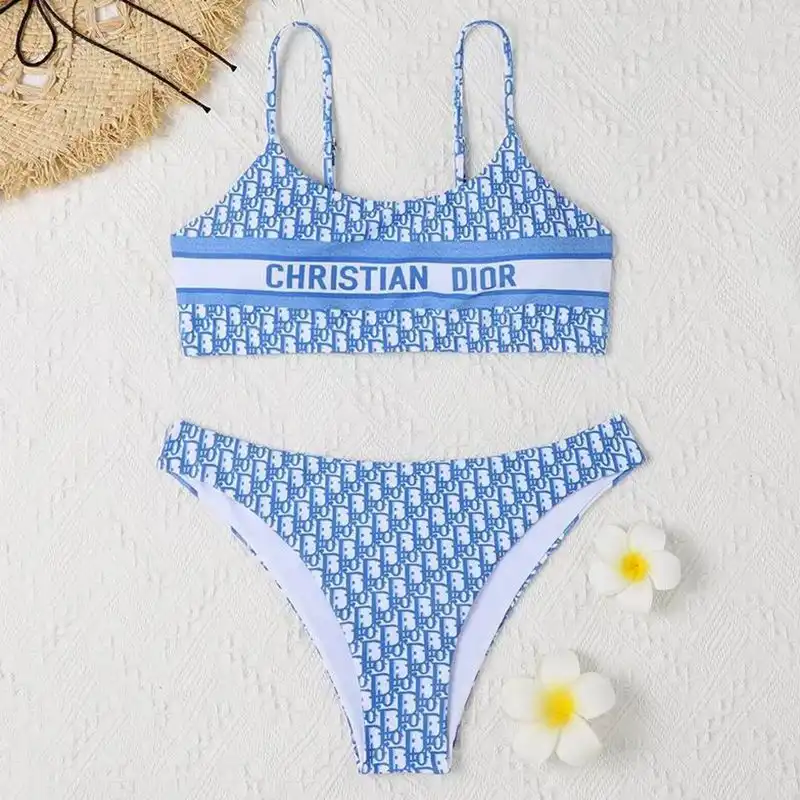 Hot Christian Dior Spaghetti Bikini Women Oblique Motif Lycra Sky Blue