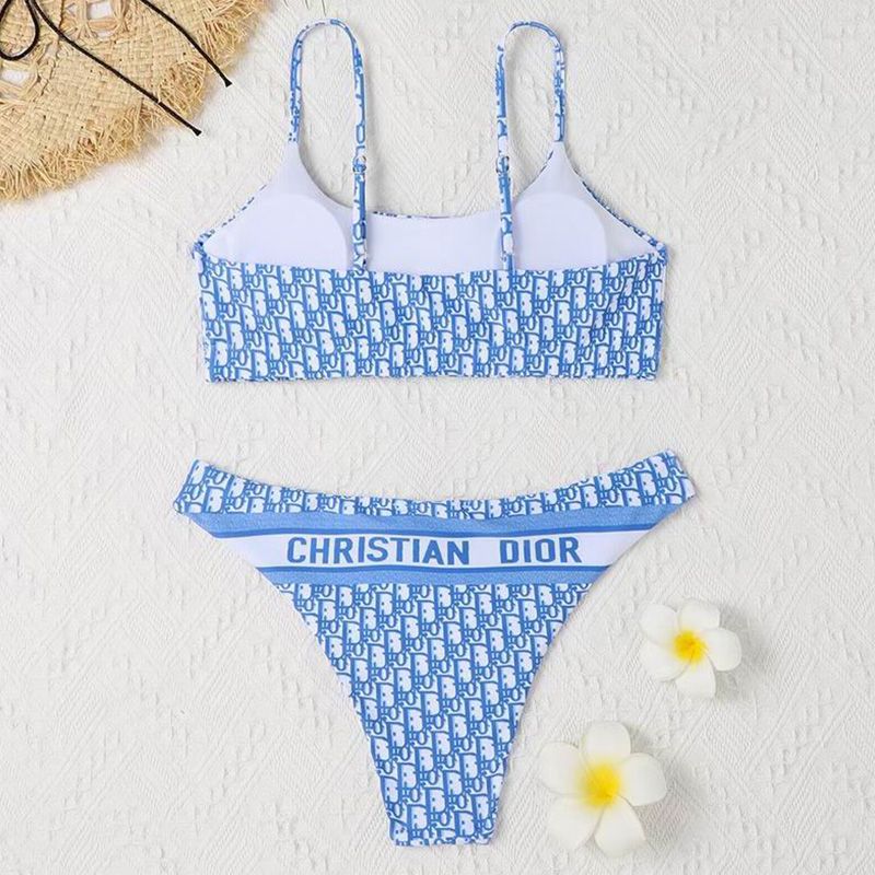 Christian Dior Spaghetti Bikini Women Oblique Motif Lycra Sky Blue Hot Sale