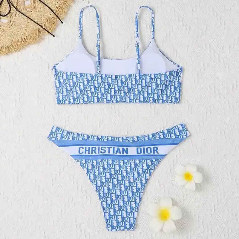 Cheap Hot Christian Dior Spaghetti Bikini Women Oblique Motif Lycra Sky Blue