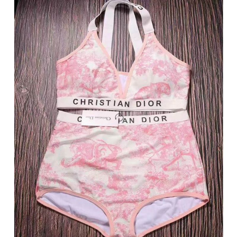 Christian Dior High Waisted Crisscross Bikini Women Toile De Jouy Motif Lycra Pink Hot Sale