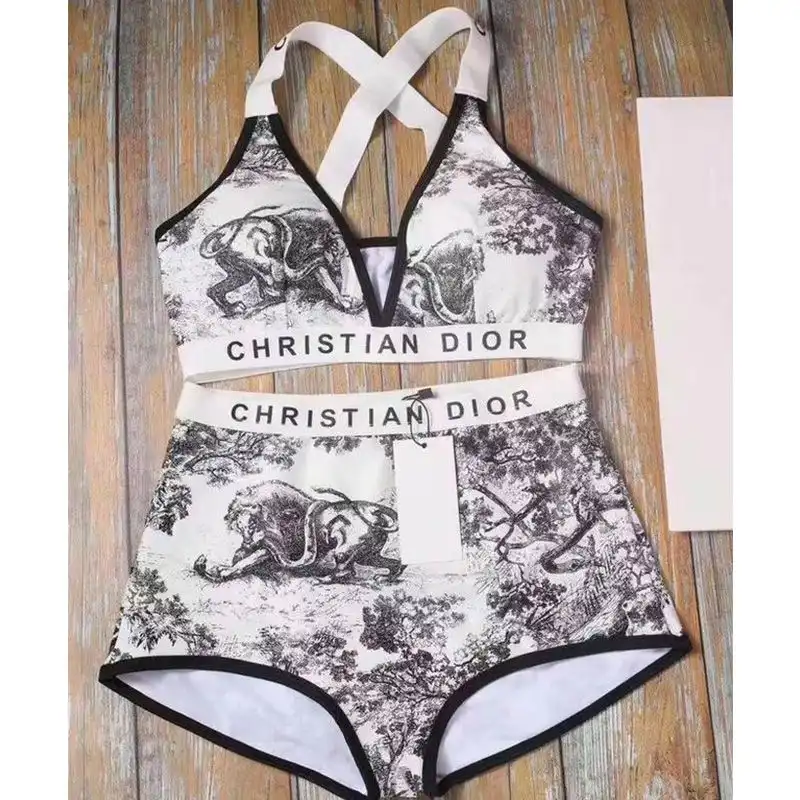 Hot Christian Dior High Waisted Crisscross Bikini Women Toile De Jouy Motif Lycra White