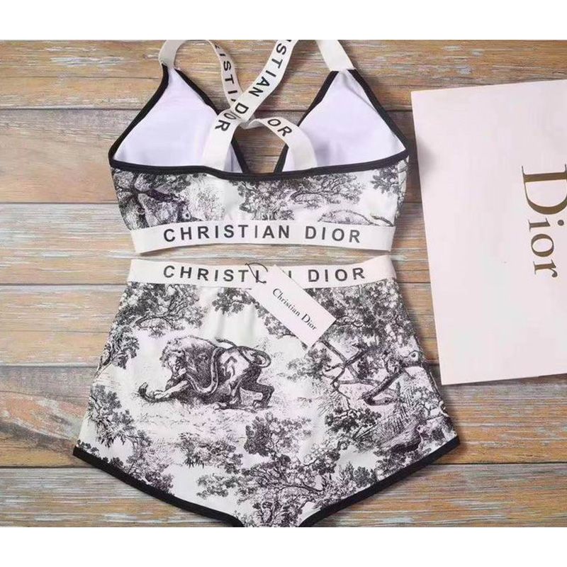 Hot Christian Dior High Waisted Crisscross Bikini Women Toile De Jouy Motif Lycra White