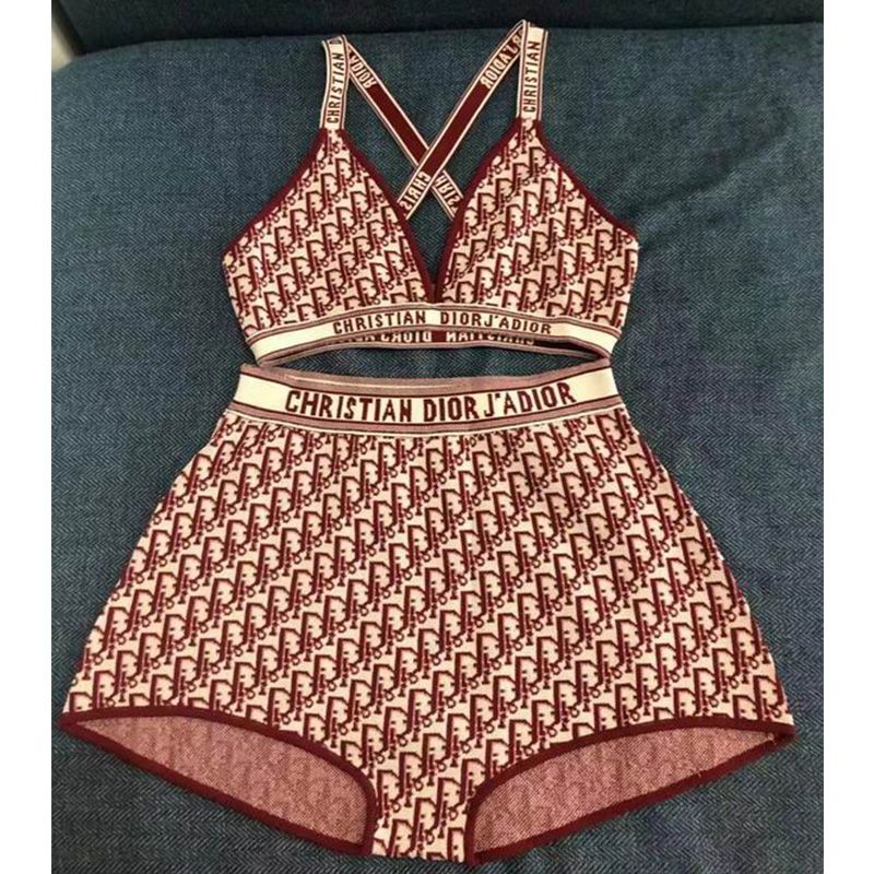 Christian Dior J'Adior High Waisted Crisscross Bikini Women Oblique Motif Lycra Burgundy Hot Sale