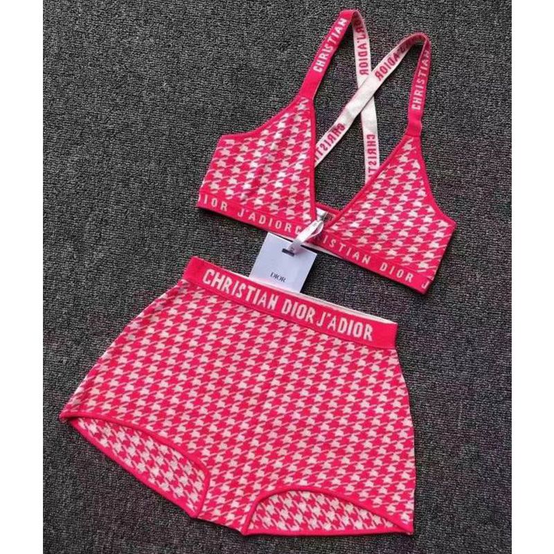 Christian Dior J'Adior High Waisted Crisscross Bikini Women Houndstooth Motif Lycra Pink Hot Sale