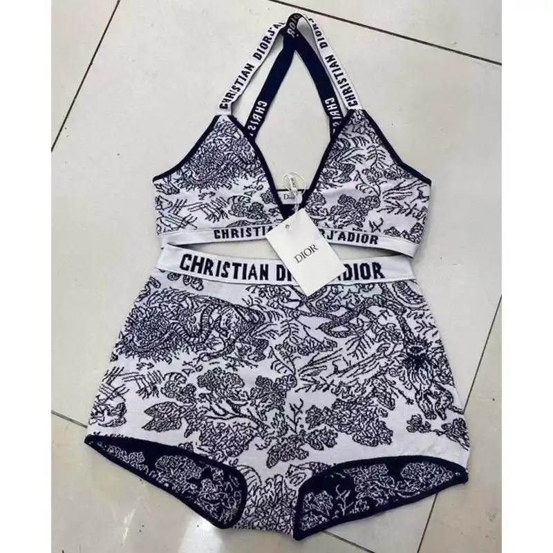 Hot Christian Dior J'Adior High Waisted Crisscross Bikini Women Toile De Jouy Motif Lycra Black