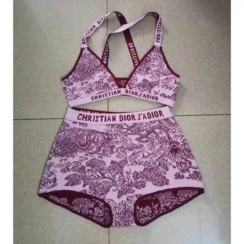 Christian Dior J'Adior High Waisted Crisscross Bikini Women Toile De Jouy Motif Lycra Burgundy