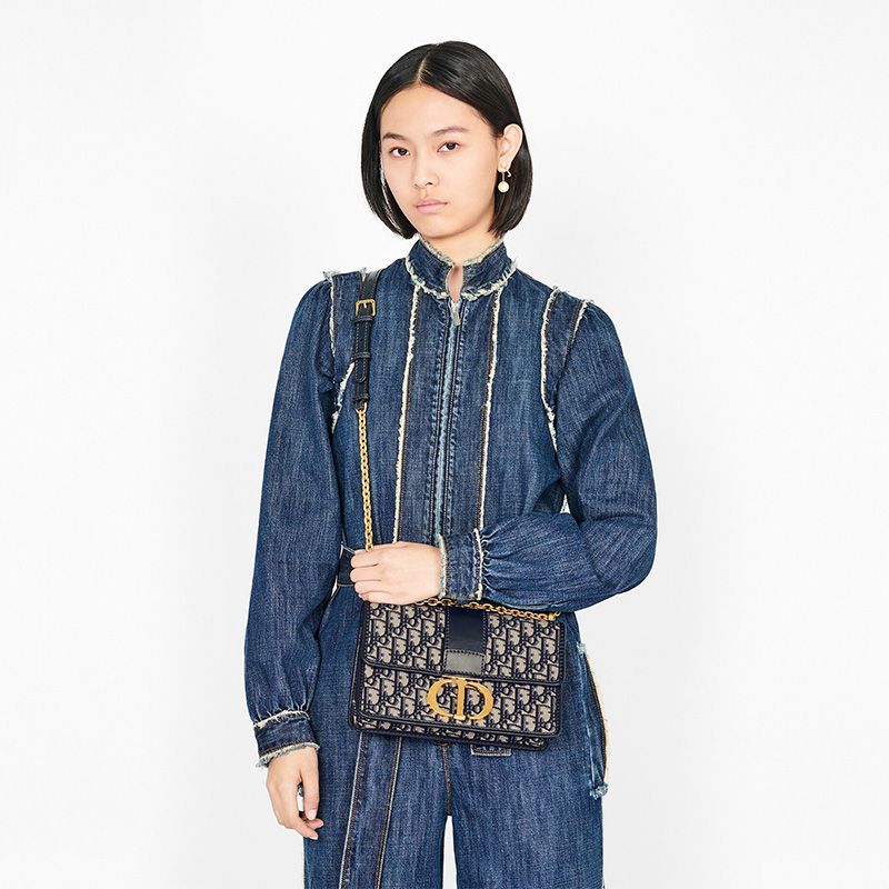 Dior 30 Montaigne Chain Bag Oblique Motif Canvas Blue Hot Sale