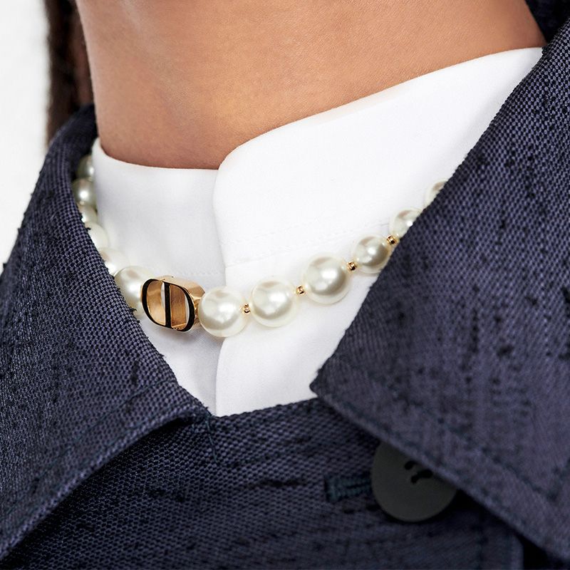 Hot Dior 30 Montaigne Choker Metal and White Resin Pearls Gold