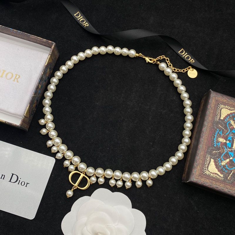 Hot Dior 30 Montaigne Choker Gold-Finish Metal and White Resin Pearls Gold