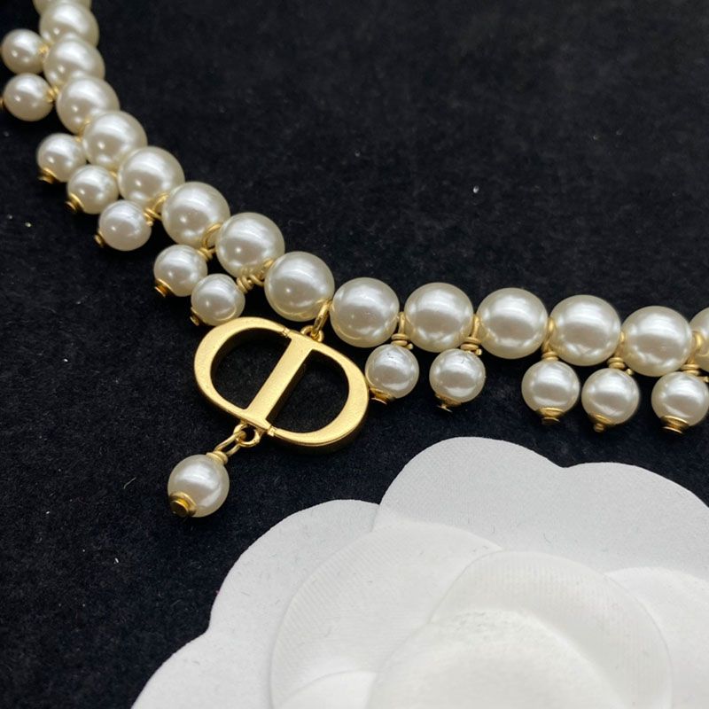 Hot Dior 30 Montaigne Choker Gold-Finish Metal and White Resin Pearls Gold