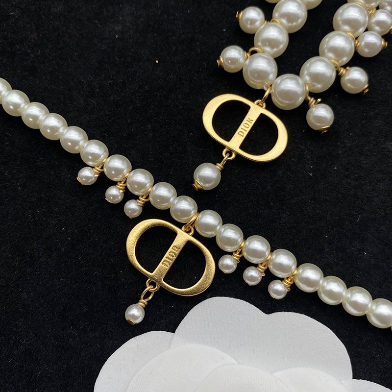 Hot Dior 30 Montaigne Choker Gold-Finish Metal and White Resin Pearls Gold