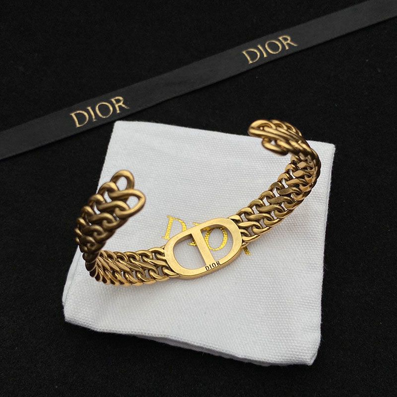 Dior 30 Montaigne Cuff Bracelet Antique Metal and White Crystals Gold Hot Sale