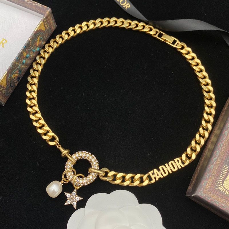 Hot Dior 30 Montaigne Necklace Metal, White Resin Pearl And White Crystals Gold