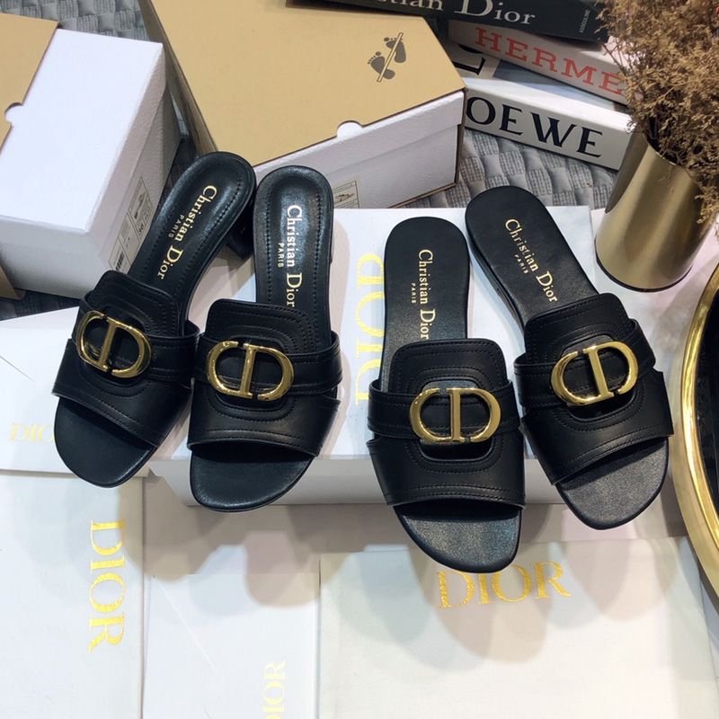 Dior 30 Montaigne Slides Women Calfskin Black Gold Hot Sale