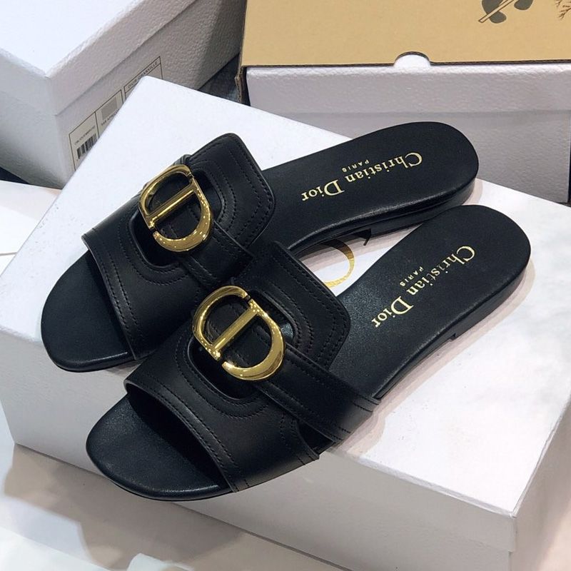 Dior 30 Montaigne Slides Women Calfskin Black Gold Hot Sale