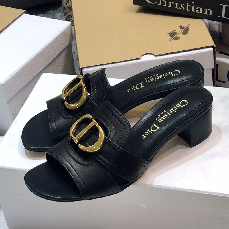 Dior 30 Montaigne Slides Women Calfskin Black Gold Hot Sale