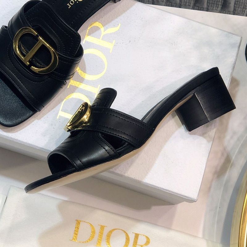 Dior 30 Montaigne Slides Women Calfskin Black Gold Hot Sale