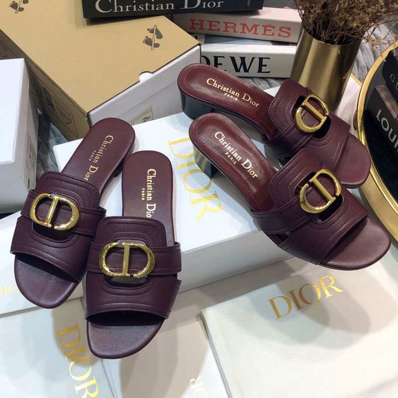 Dior 30 Montaigne Slides Women Calfskin Burgundy Luxury