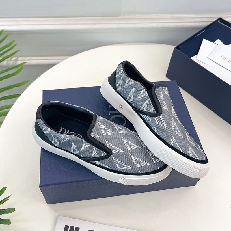 Hot Dior B101 Slip-on Sneakers Unisex CD Diamond Motif Canvas and Smooth Calfskin Grey Navy Blue