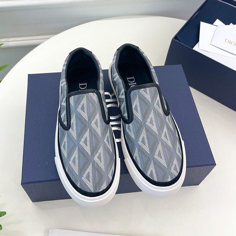 Dior B101 Slip-on Sneakers Unisex CD Diamond Motif Canvas and Smooth Calfskin Grey Navy Blue