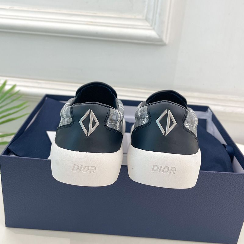 Dior B101 Slip-on Sneakers Unisex CD Diamond Motif Canvas and Smooth Calfskin Grey Navy Blue