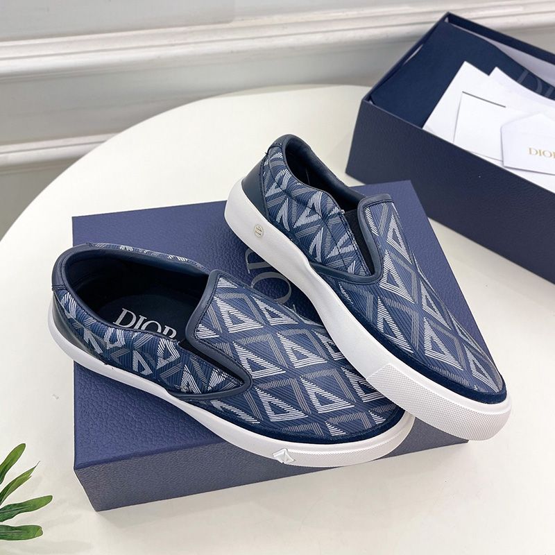 Hot Dior B101 Slip-on Sneakers Unisex CD Diamond Motif Canvas and Smooth Calfskin Navy Blue