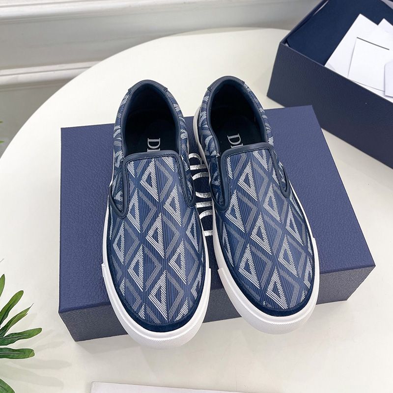 Dior B101 Slip-on Sneakers Unisex CD Diamond Motif Canvas and Smooth Calfskin Navy Blue Hot Sale