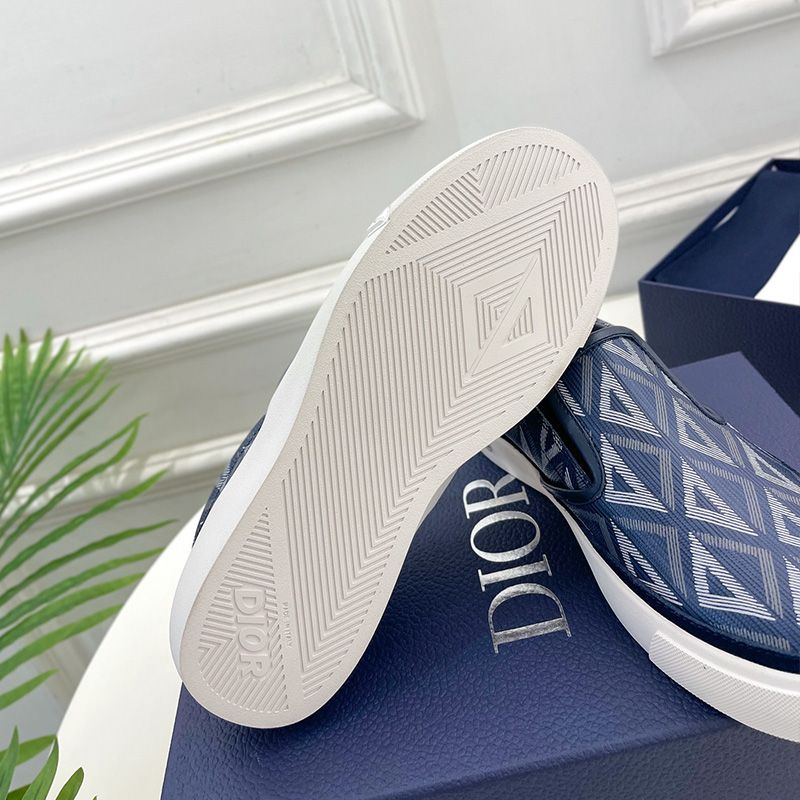 Dior B101 Slip-on Sneakers Unisex CD Diamond Motif Canvas and Smooth Calfskin Navy Blue Hot Sale