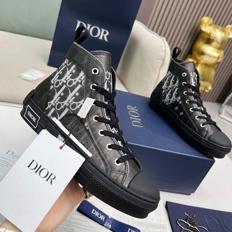 Hot Dior B23 High-Top Sneakers Unisex Oblique Motif Canvas with Calfskin Black