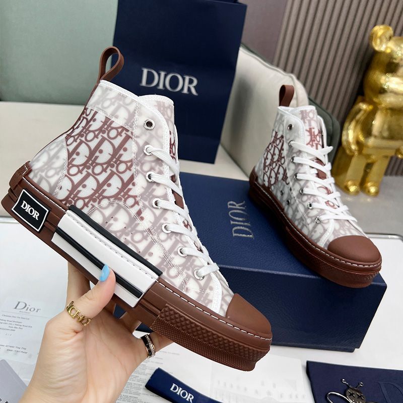 Dior B23 High-Top Sneakers Unisex Oblique Motif Canvas Brown Hot Sale