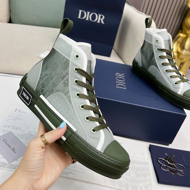 Hot Dior B23 High-Top Sneakers Unisex Oblique Motif Canvas Green