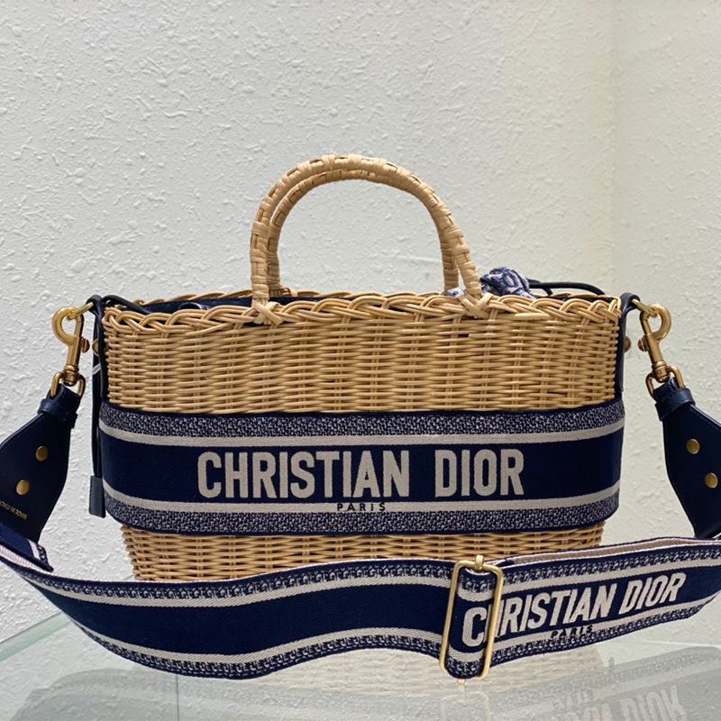 Dior Basket Bag Wicker and Oblique Motif Canvas Blue Hot Sale