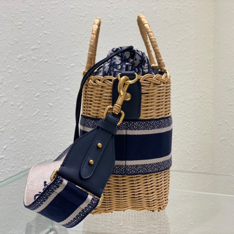 Dior Basket Bag Wicker and Oblique Motif Canvas Blue Hot Sale