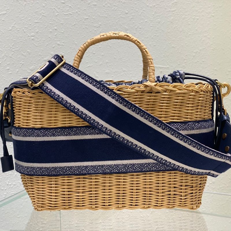 Dior Basket Bag Wicker and Oblique Motif Canvas Blue Hot Sale