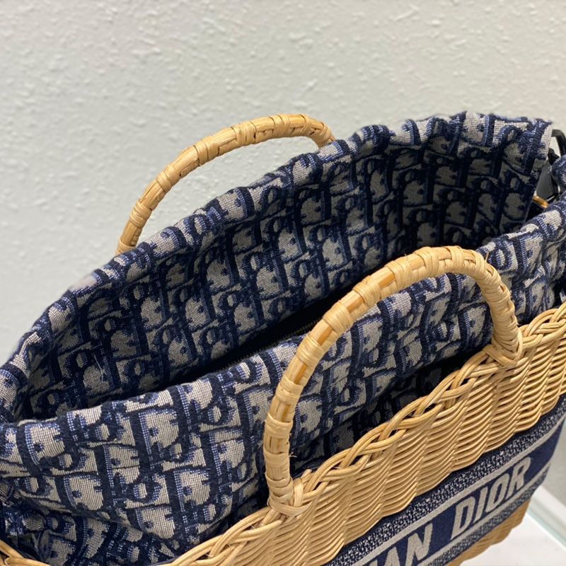 Dior Basket Bag Wicker and Oblique Motif Canvas Blue Hot Sale