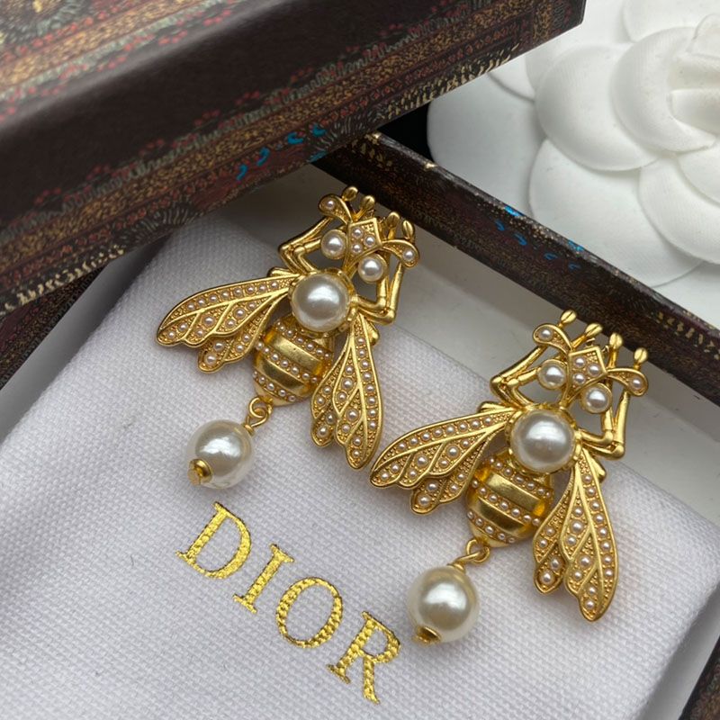 Dior Bee Earrings In Metal and White Resin Pearls Gold Hot Sale