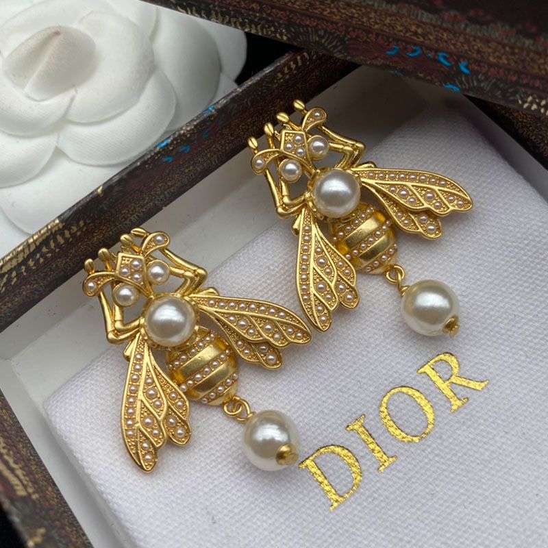 Dior Bee Earrings In Metal and White Resin Pearls Gold Hot Sale