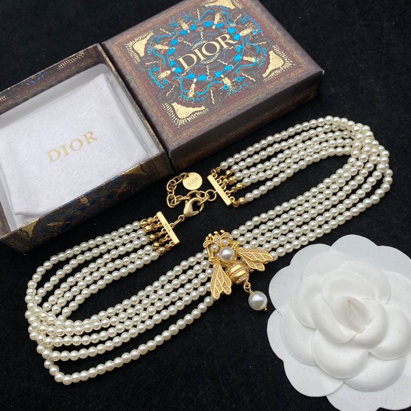 Hot Dior Bee Necklace In Metal and White Resin Pearls Gold