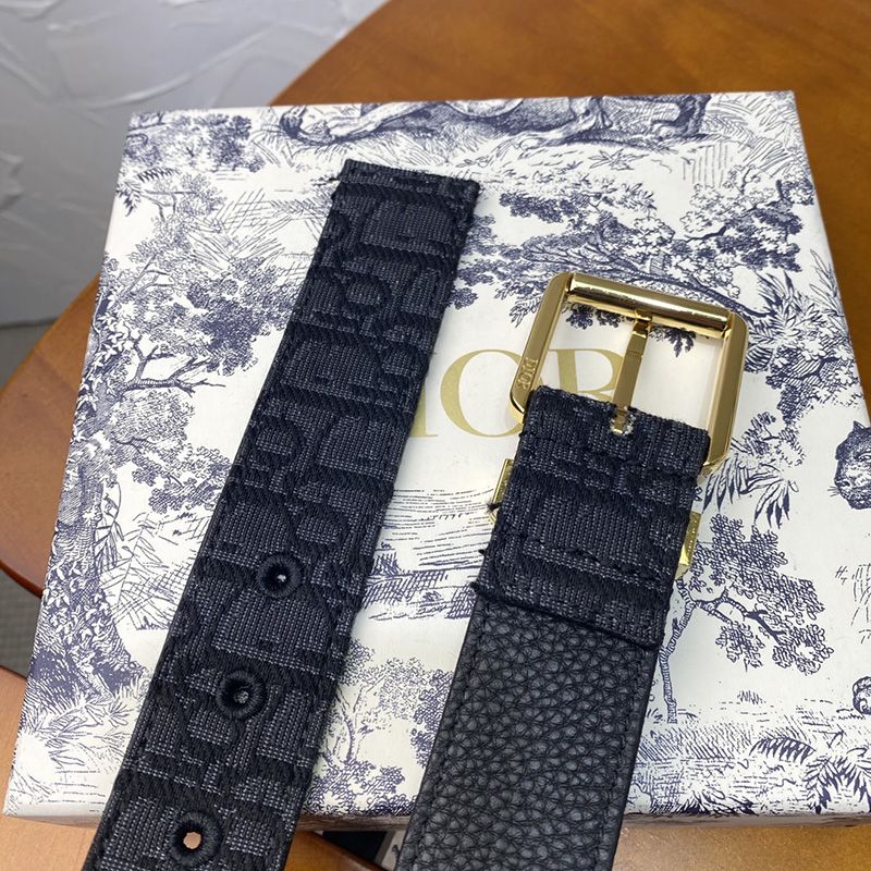 Hot Dior Belt Oblique Motif Canvas Black Gold