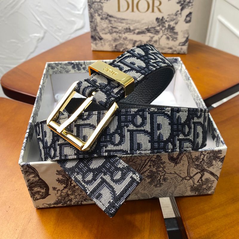 Dior Belt Oblique Motif Canvas Blue Gold Hot Sale