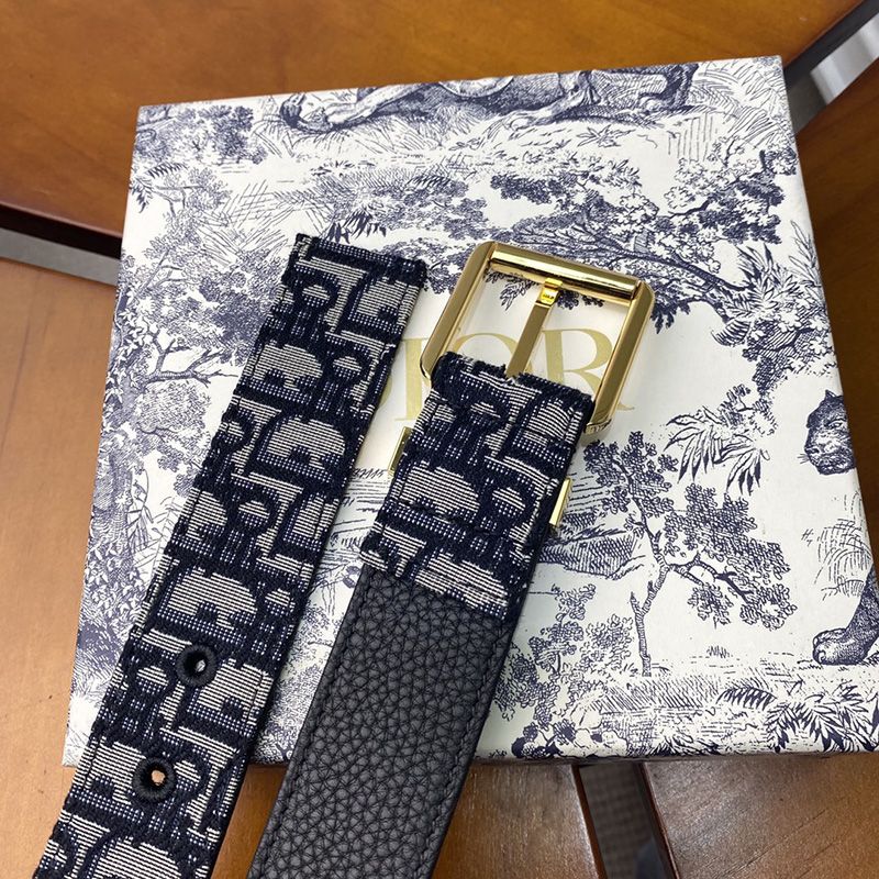 Dior Belt Oblique Motif Canvas Blue Gold Hot Sale