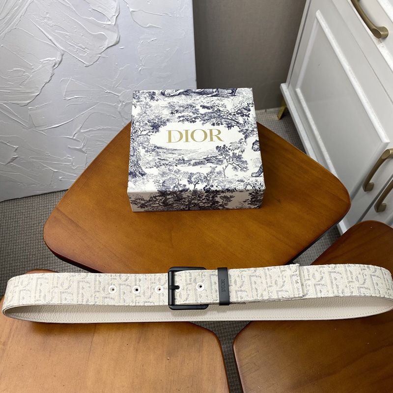 Hot Dior Belt Oblique Motif Canvas White Black