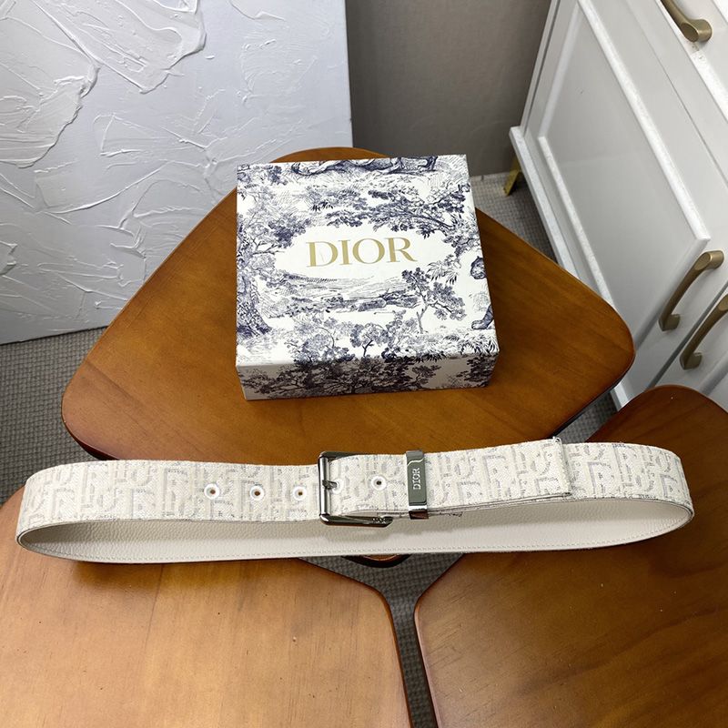 Hot Dior Belt Oblique Motif Canvas White Silver