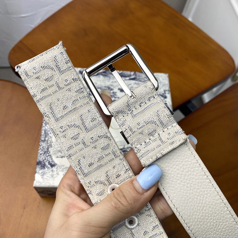 Hot Dior Belt Oblique Motif Canvas White Silver