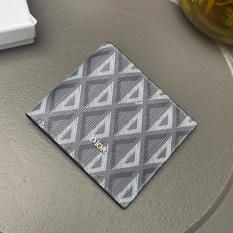 Hot Dior Bi-Fold Card Holder CD Diamond Motif Canvas Grey