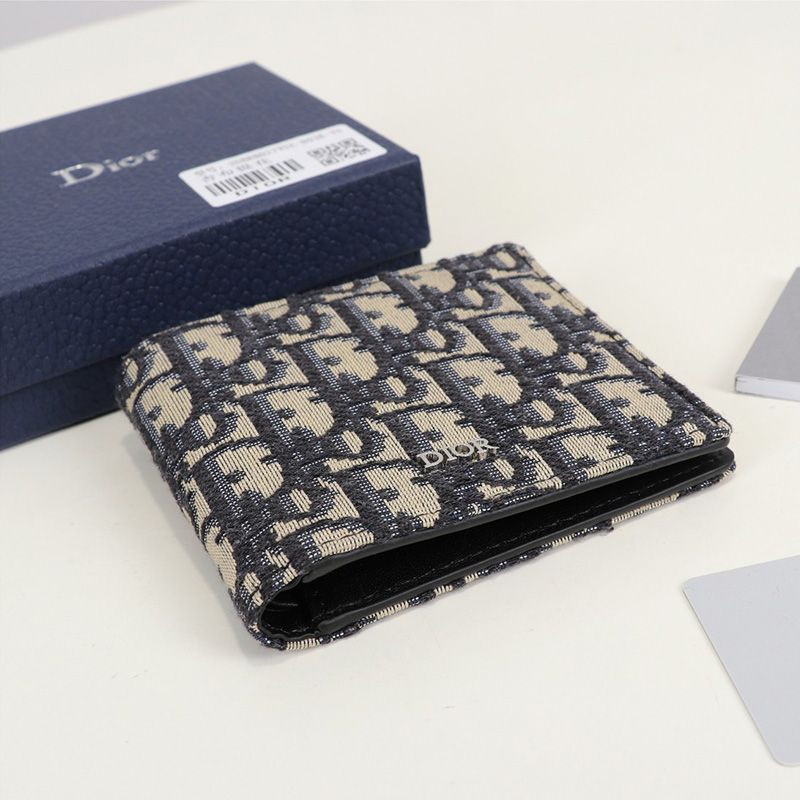 Hot Dior Bi-Fold Wallet Oblique Motif Canvas Blue