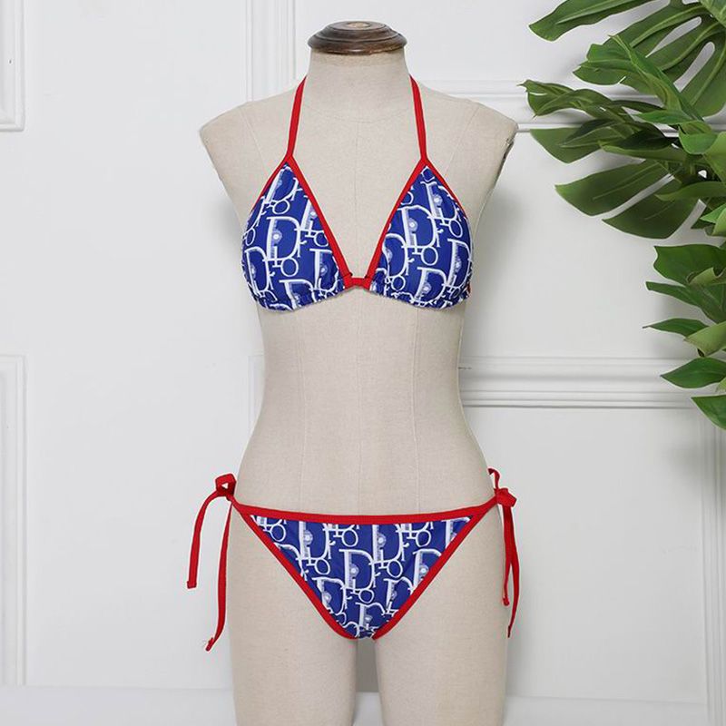 Dior Bikini Women Oblique Motif Lycra Blue Red Hot Sale