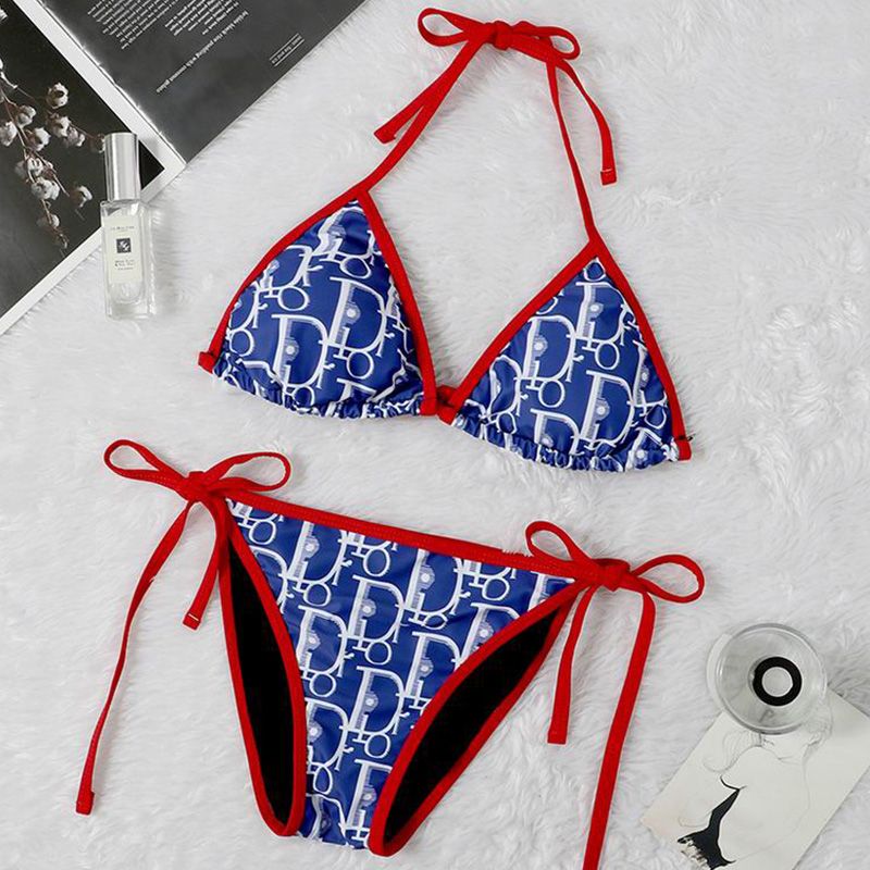 Hot Dior Bikini Women Oblique Motif Lycra Blue Red